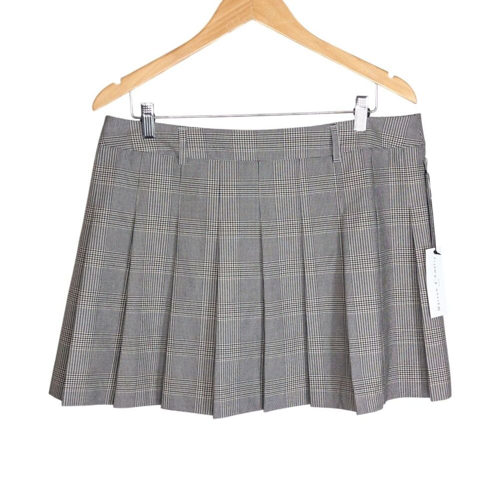 NWT Plaid Mini Skirt Sz L Academia Preppy Brown Black Brittney Spears Pleats Y2K